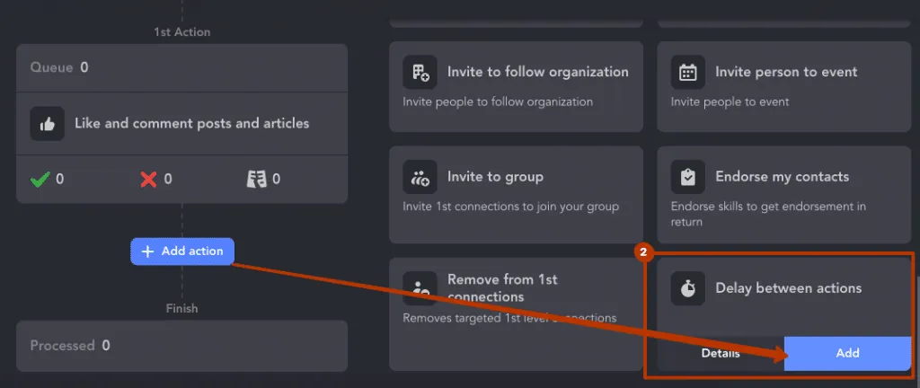 cómo añadir una pausa entre acciones de eventos de LinkedIn en Linked Helper