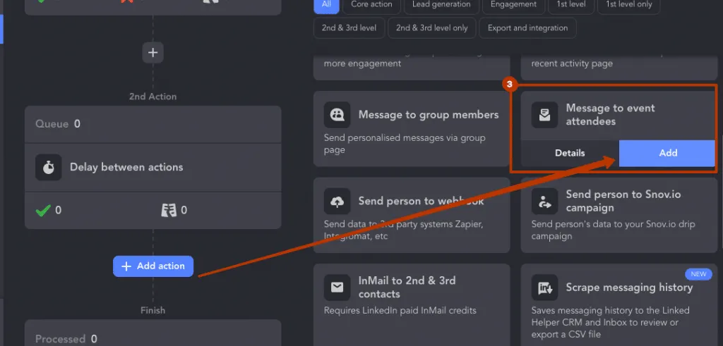 acción para añadir un mensaje a un evento en Linked Helper