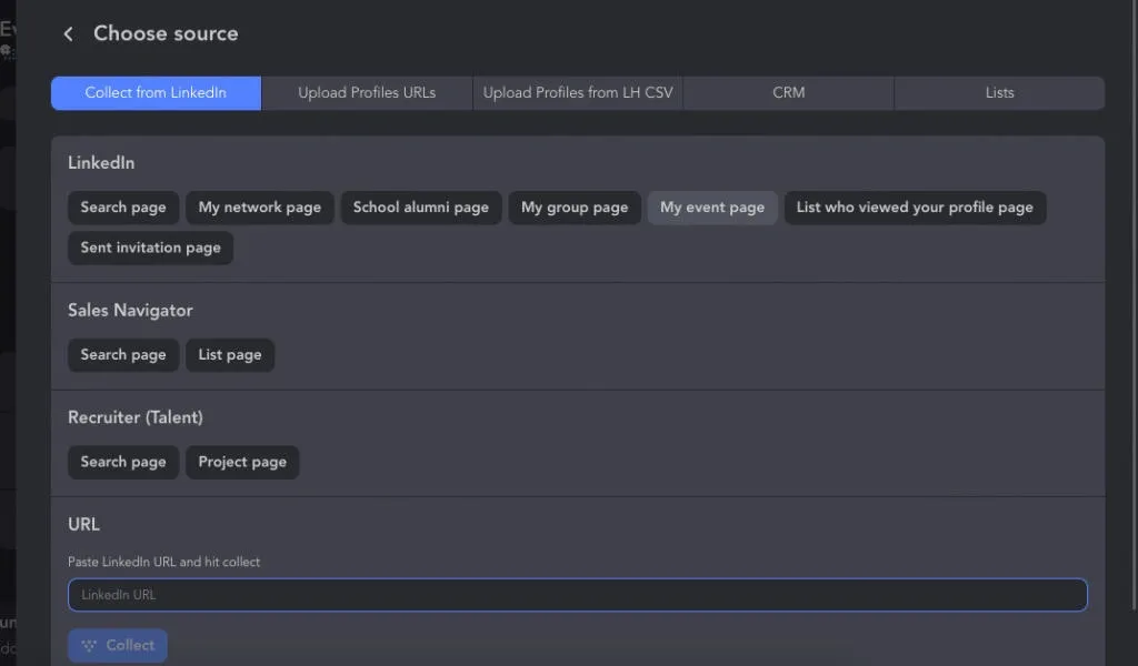 mensaje de Linked Helper para contactos de 1.er grado destinado a impulsar una página de evento de LinkedIn