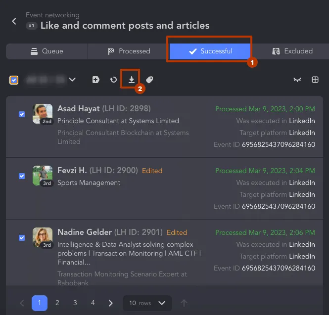 ejemplo de cómo descargar asistentes de eventos de LinkedIn en Linked Helper