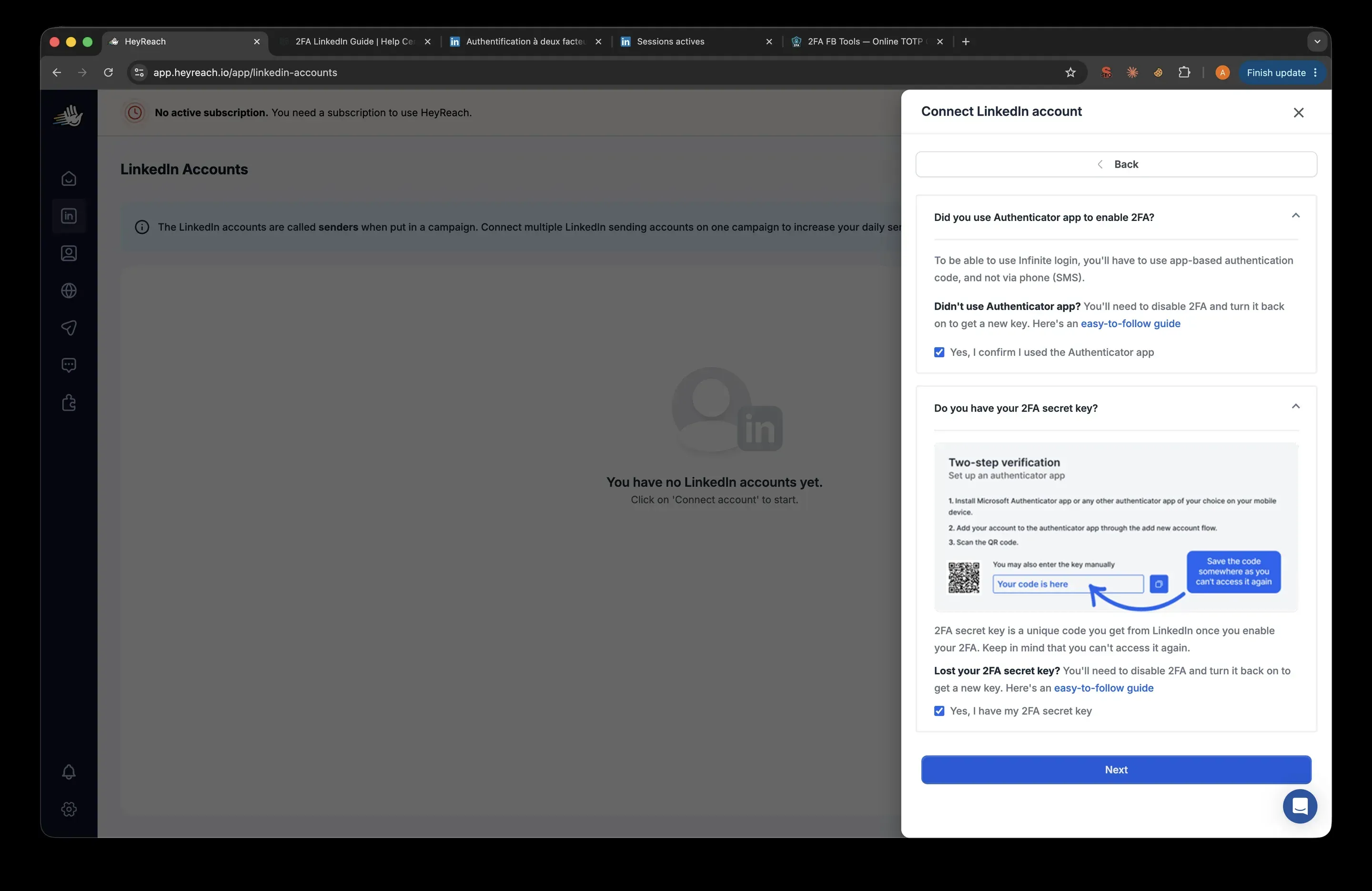 HeyReach Infinite Login step asking for the 2FA secret key instead of the one-time code