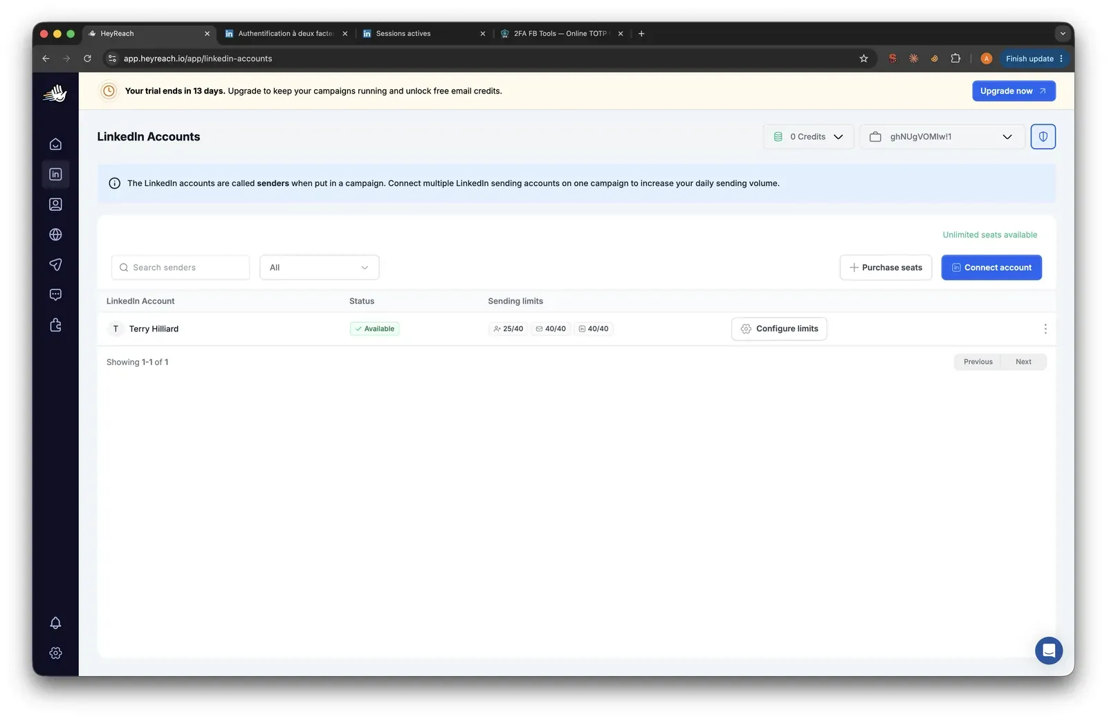 HeyReach connected LinkedIn accounts list - mid-July 2026