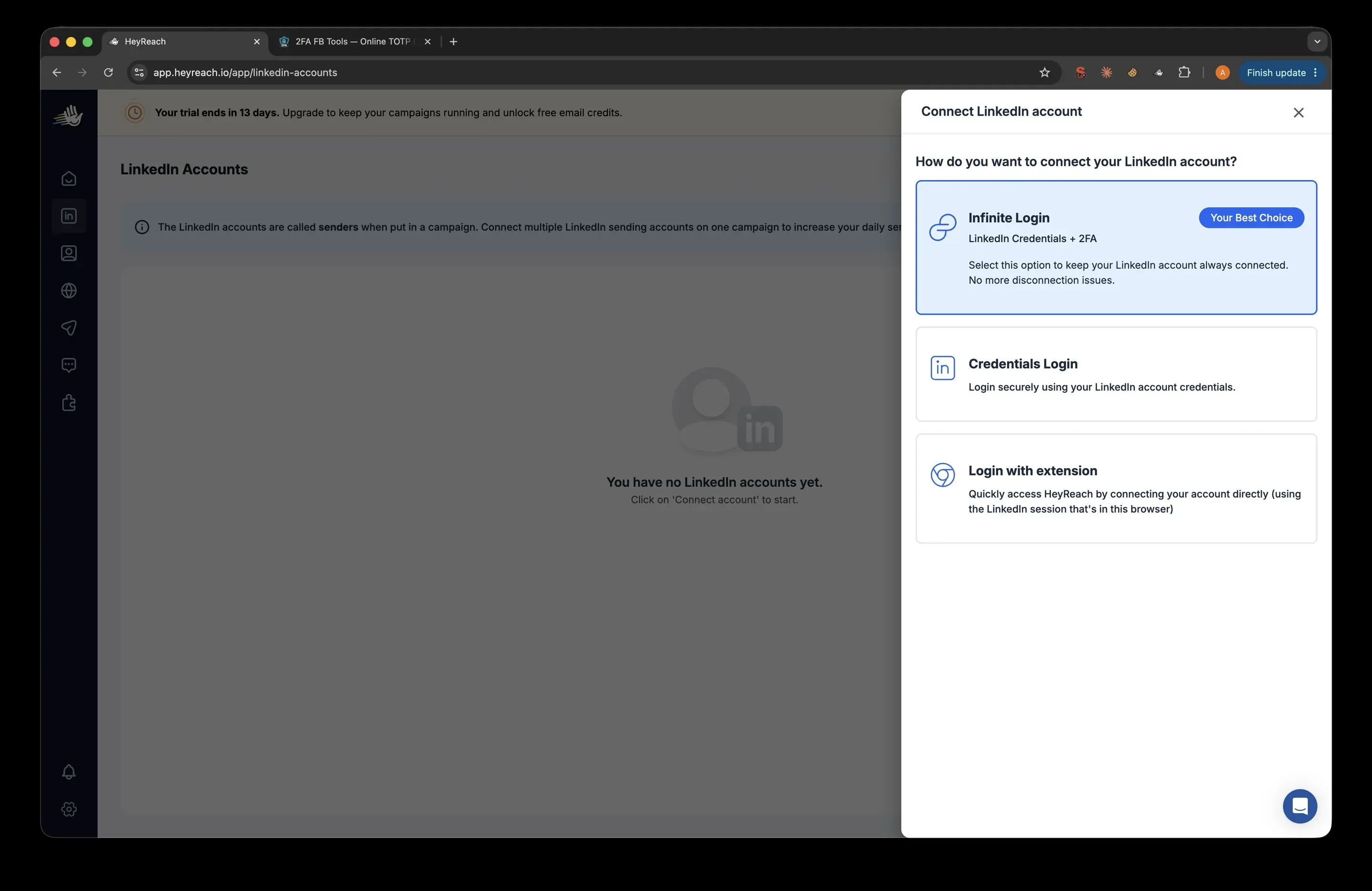 HeyReach Connect LinkedIn account panel offering Infinite Login with LinkedIn credentials and 2FA as Your Best Choice, Credentials Login and Login with extension
