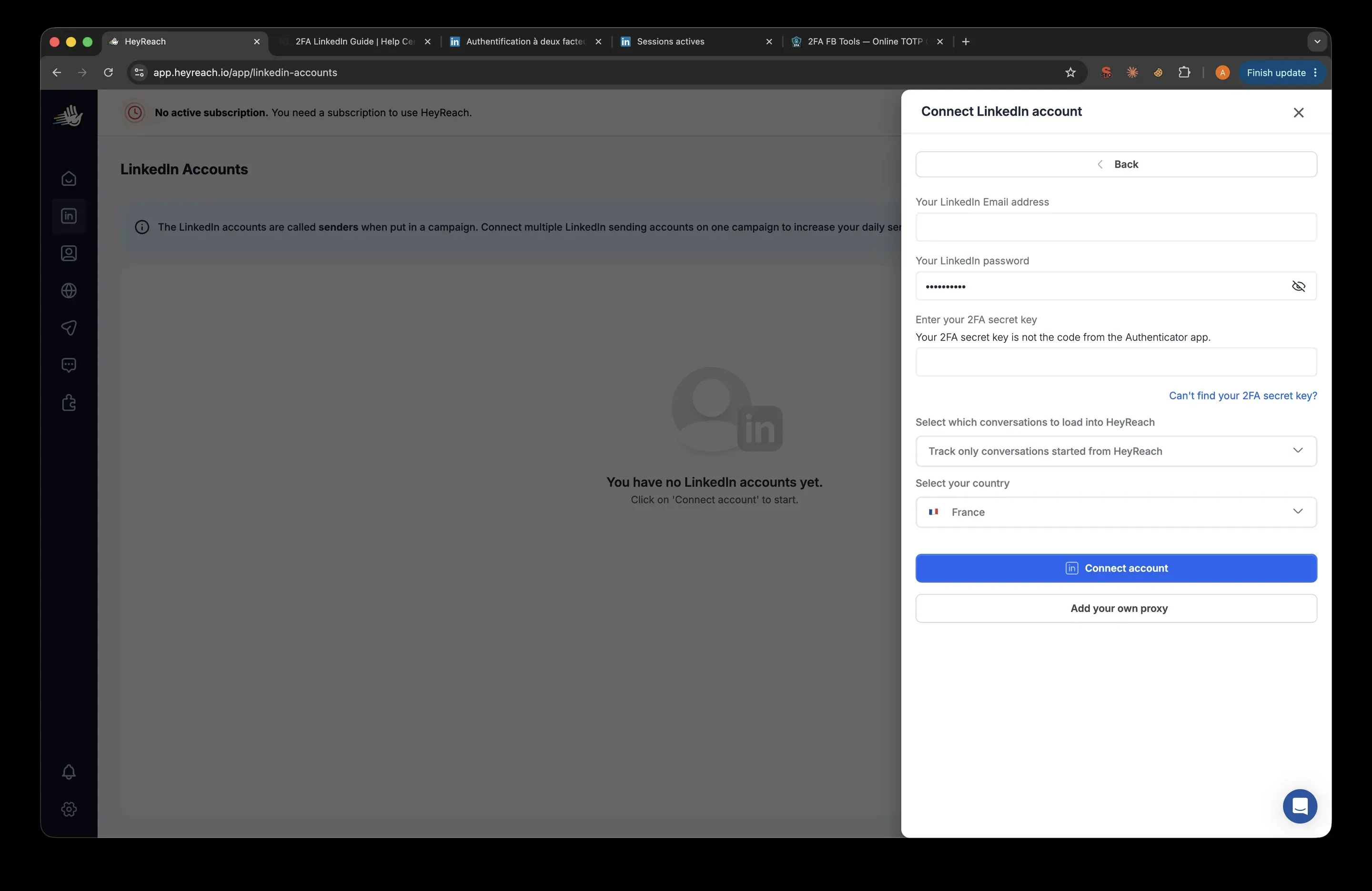 HeyReach form asking for the LinkedIn email, password and 2FA secret key, with a country picker and an Add your own proxy button