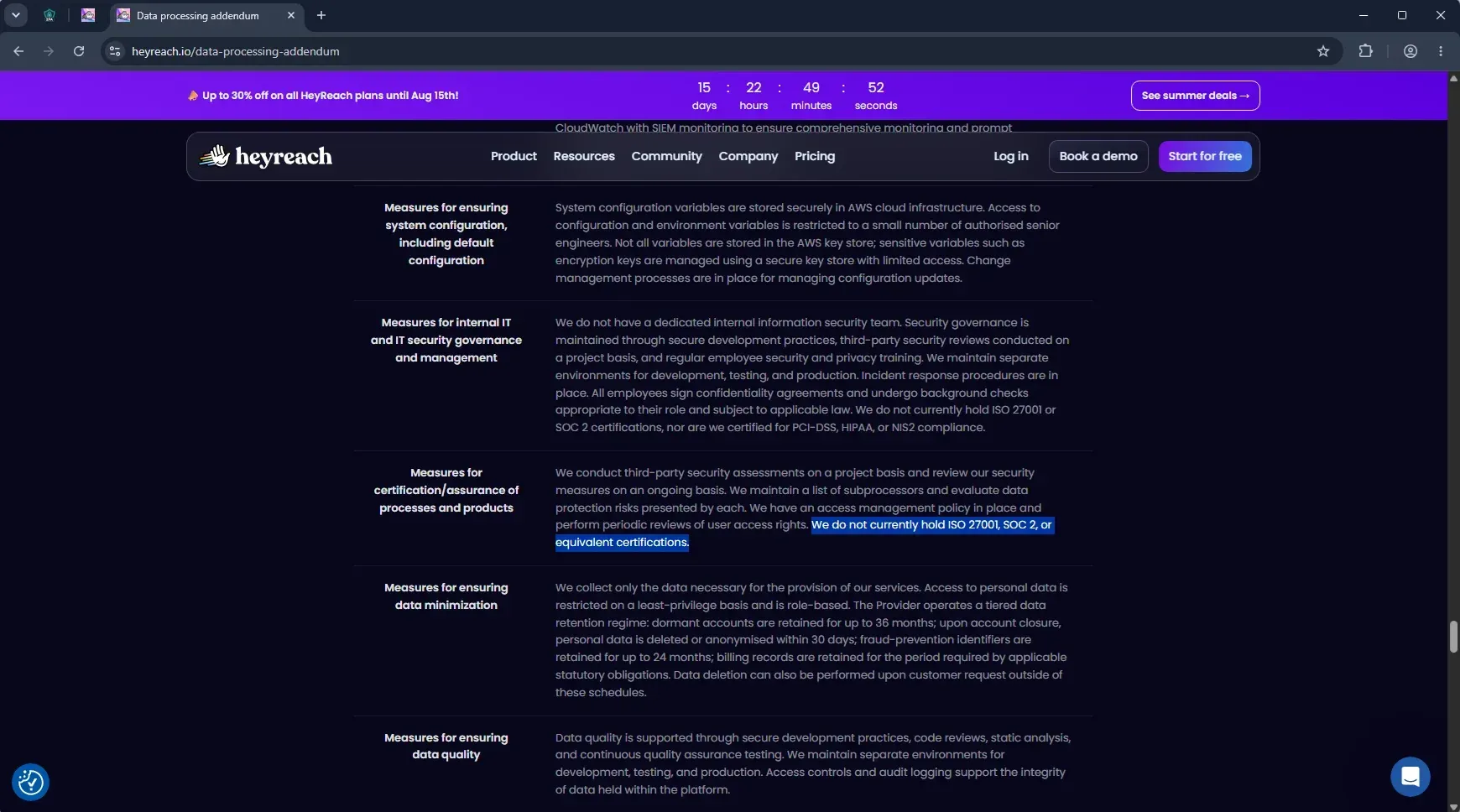 HeyReach data processing addendum stating it holds no ISO 27001 or SOC 2 certification