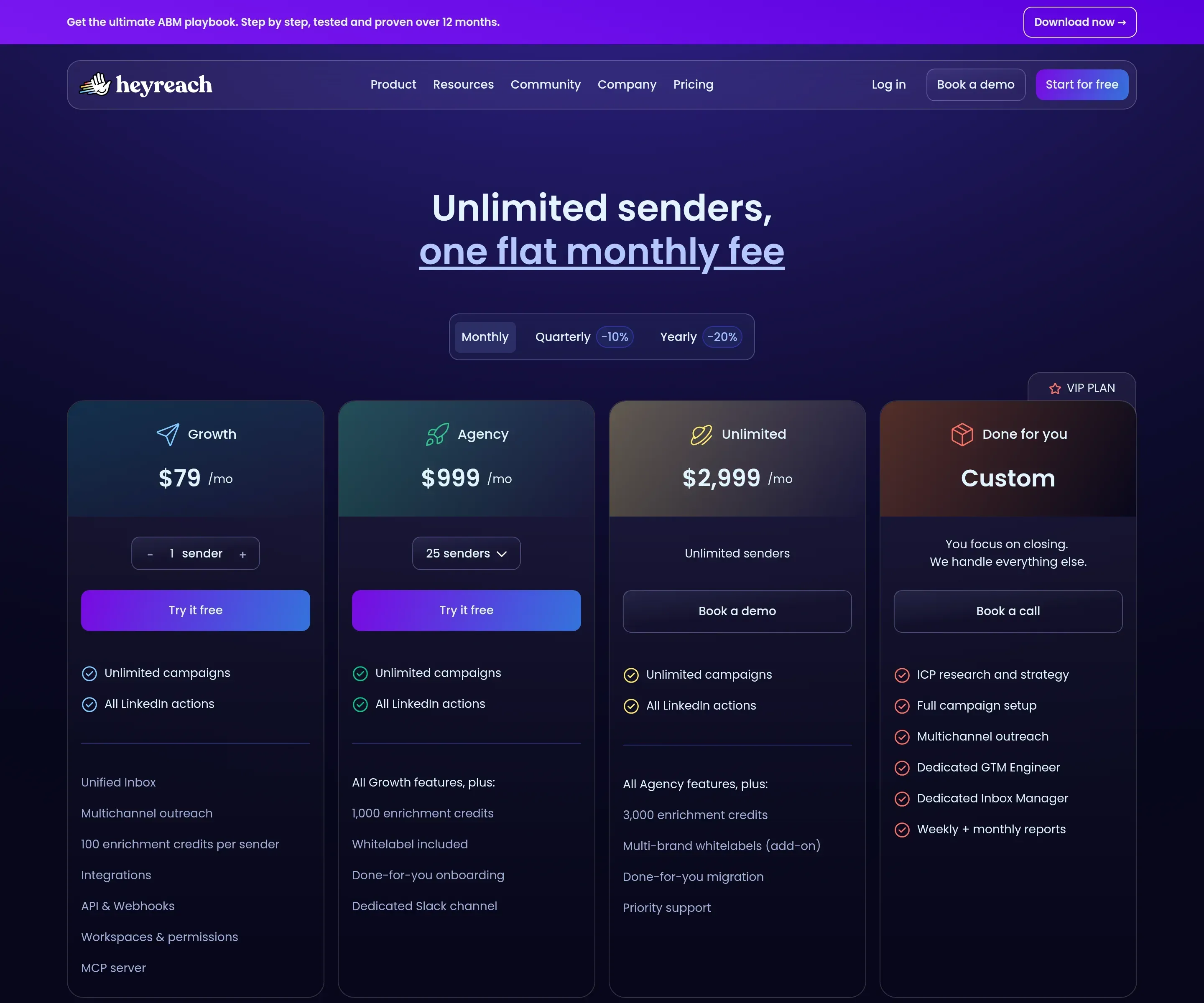 HeyReach pricing page with Growth at 79 dollars, Agency at 999 dollars and Unlimited at 2,999 dollars per month, October 2026