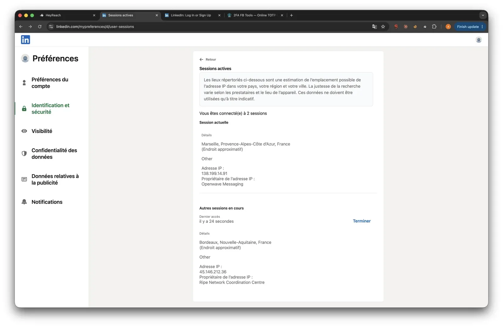 LinkedIn active sessions during the HeyReach test, second account - mid-July 2026
