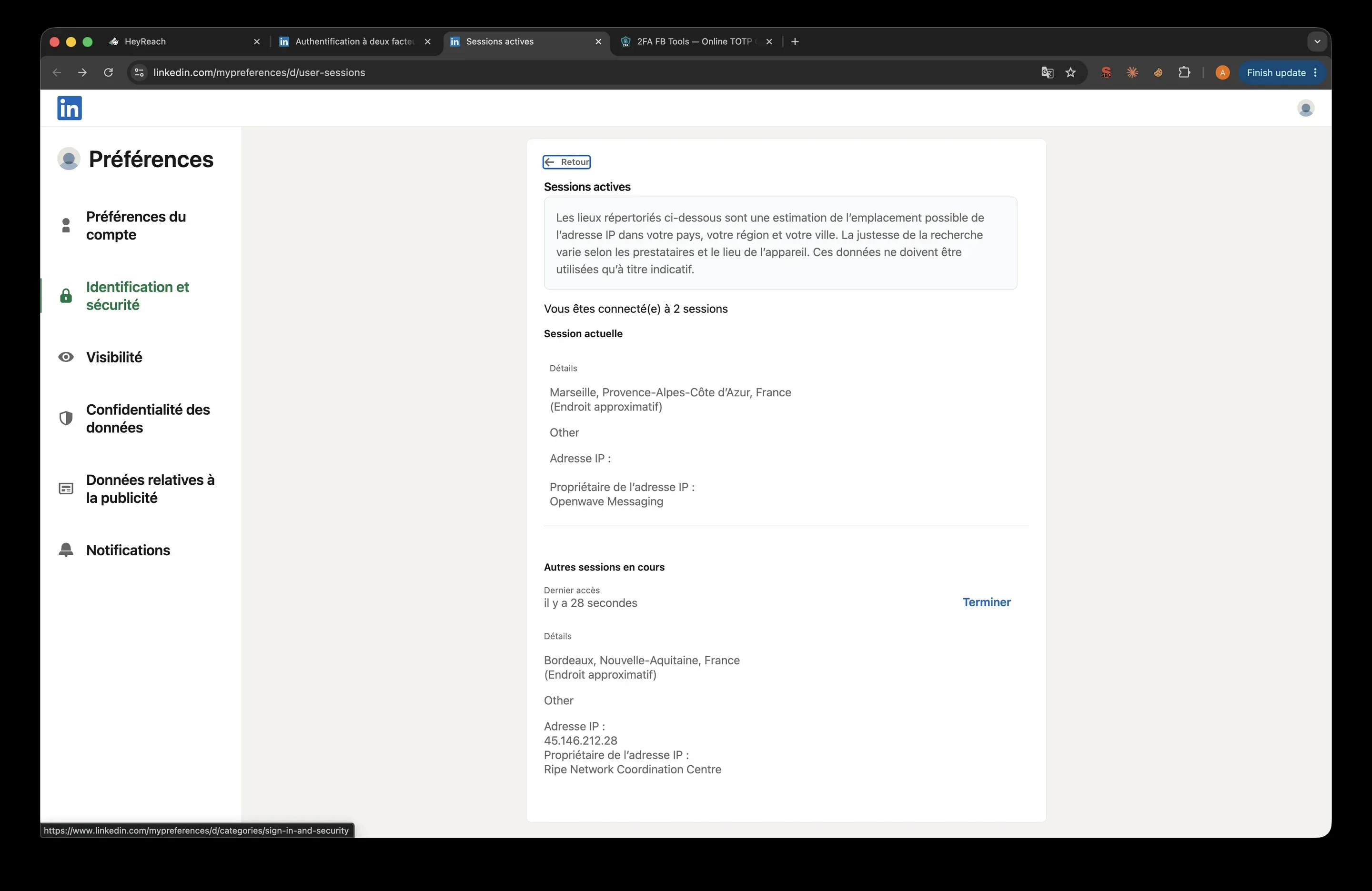 LinkedIn active sessions page after connecting the first test account, showing a second session from Bordeaux on IP 45.146.212.28 owned by Ripe Network Coordination Centre