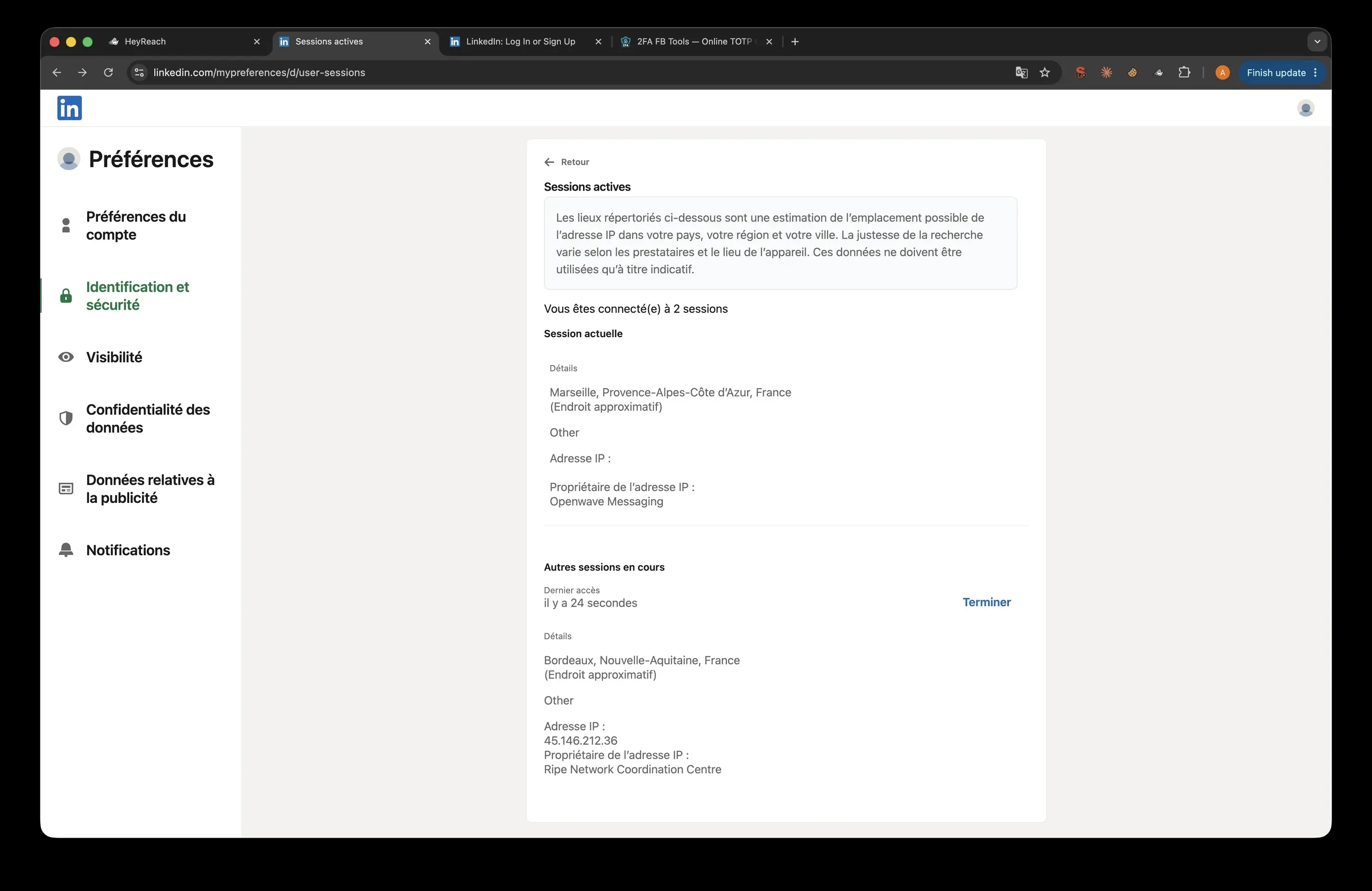 LinkedIn active sessions page for the second test account, showing a second session from Bordeaux on IP 45.146.212.36