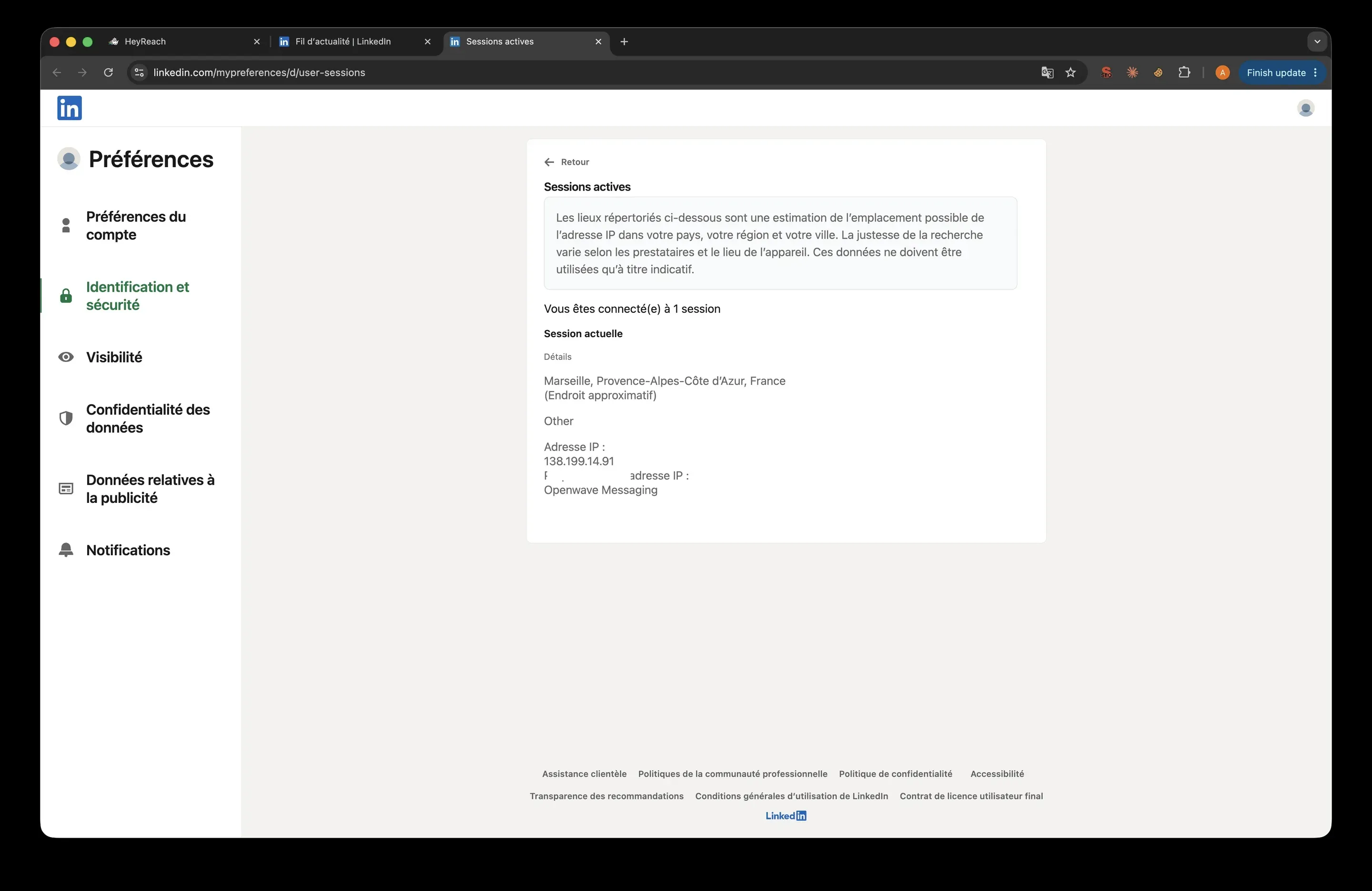 LinkedIn active sessions page before connecting the account, showing one session
