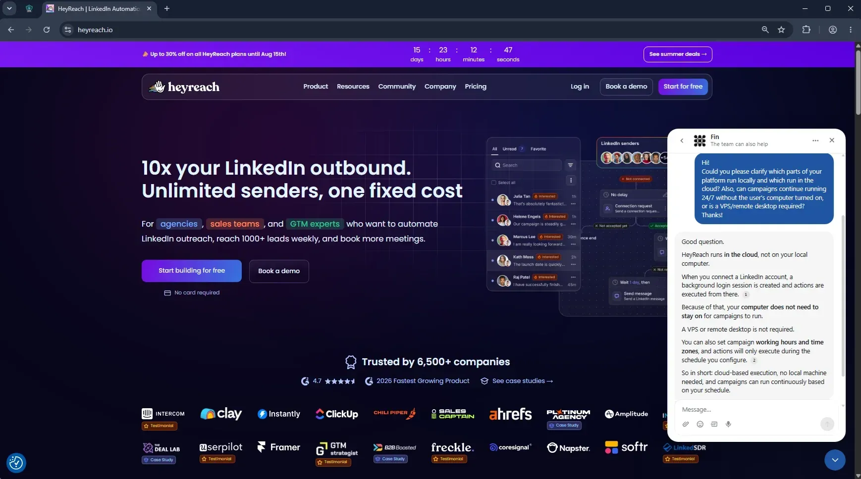 HeyReach support chat explaining the platform runs in the cloud and no VPS is required