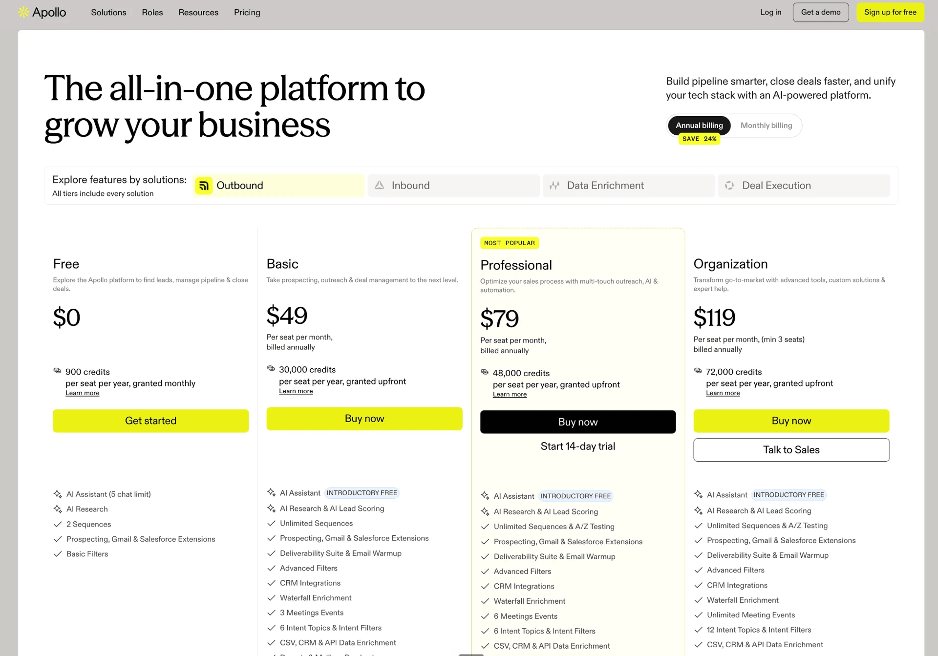 Apollo.io pricing plans for Free, Basic, Professional, and Organization