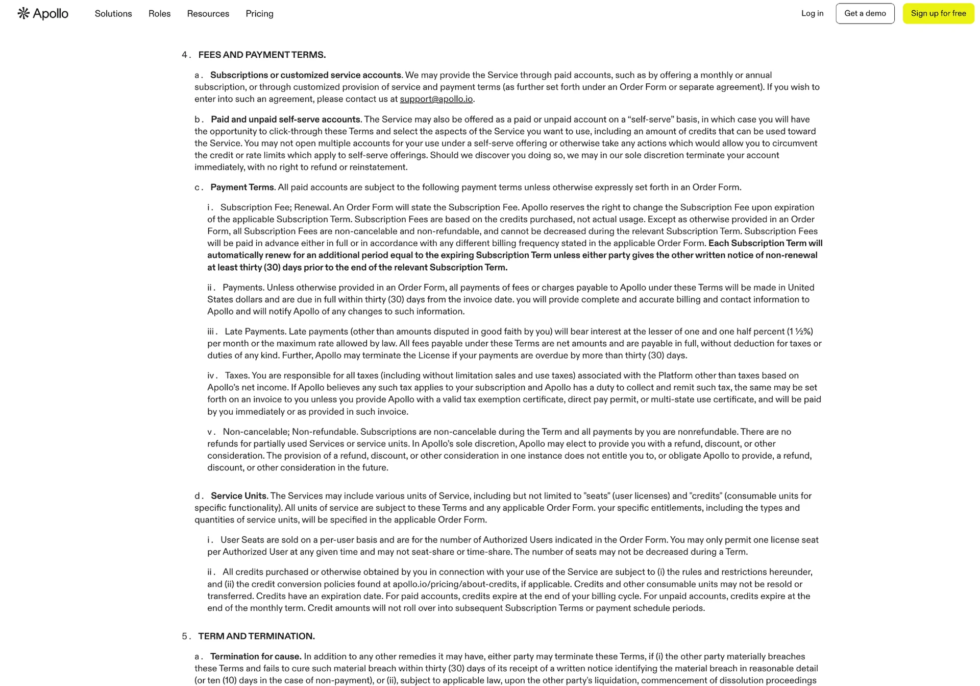 Apollo.io terms of service covering subscriptions and payments