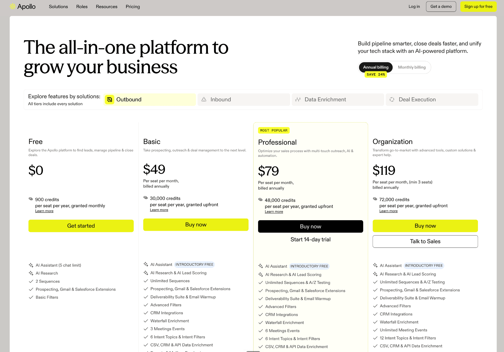 Apollo.io pricing plans for Free, Basic, Professional, and Organization