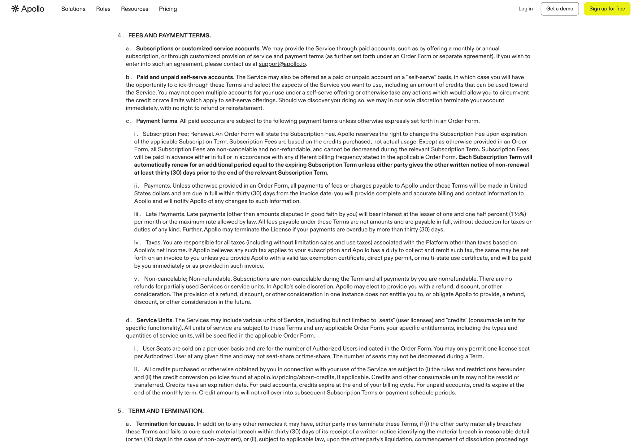 Apollo.io terms of service covering subscriptions and payments