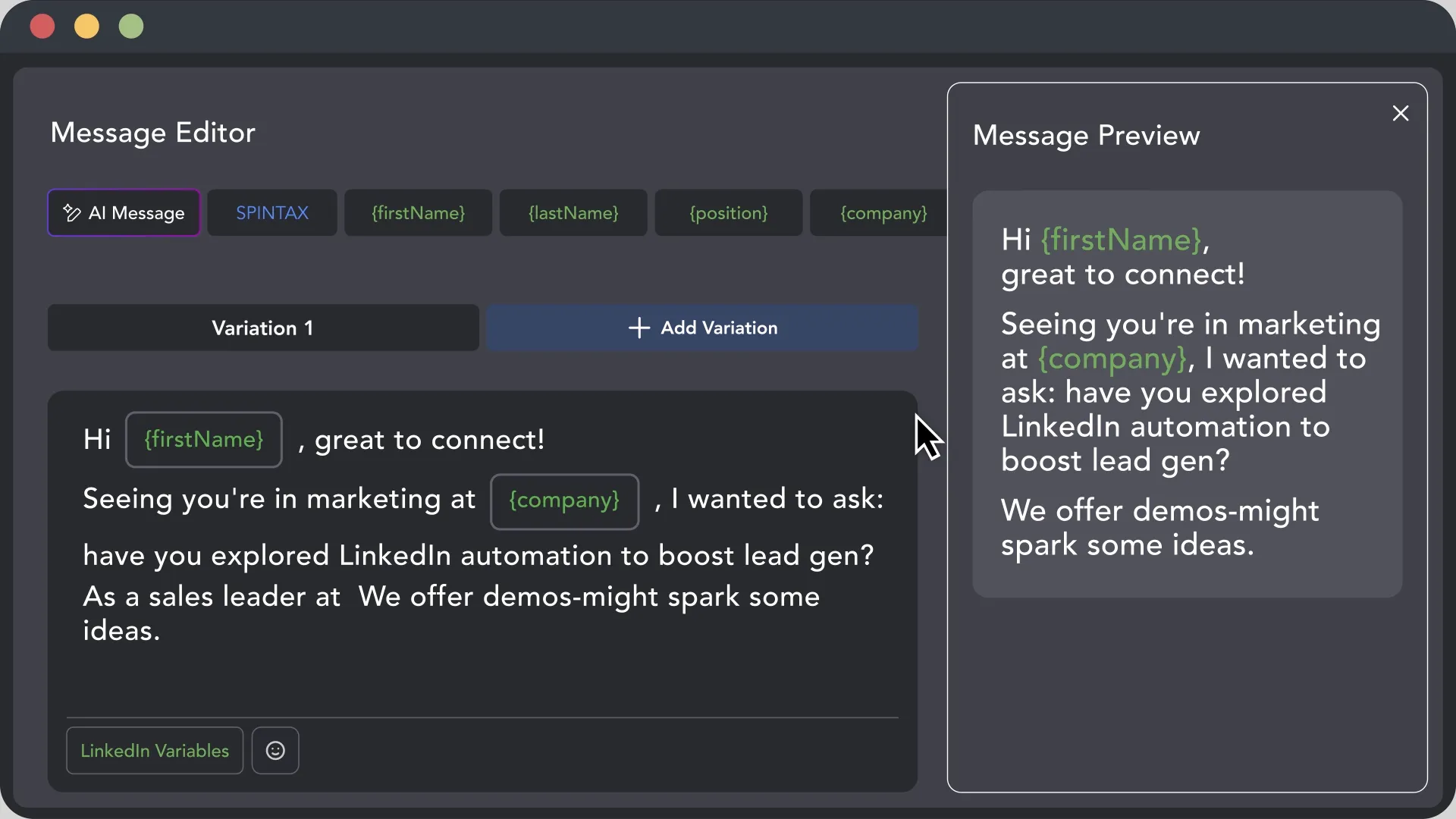 Nachrichteneditor von Linked Helper mit Personalisierungsvariablen und Nachrichtenvorschau