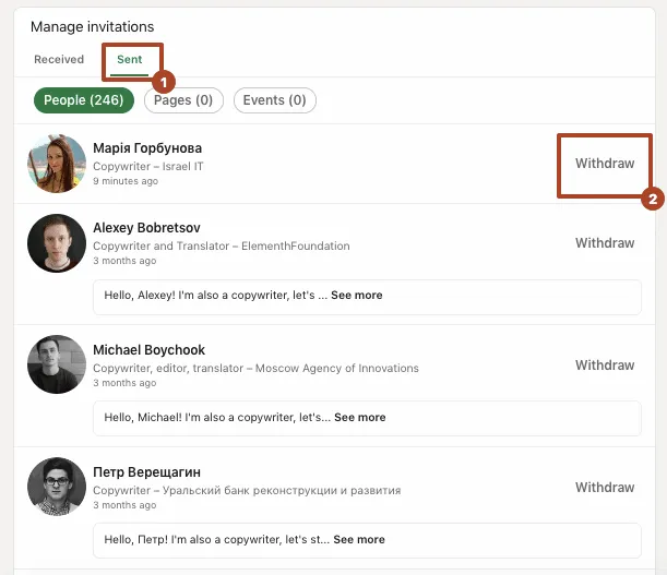Option zum Zurückziehen ausstehender LinkedIn-Kontaktanfragen