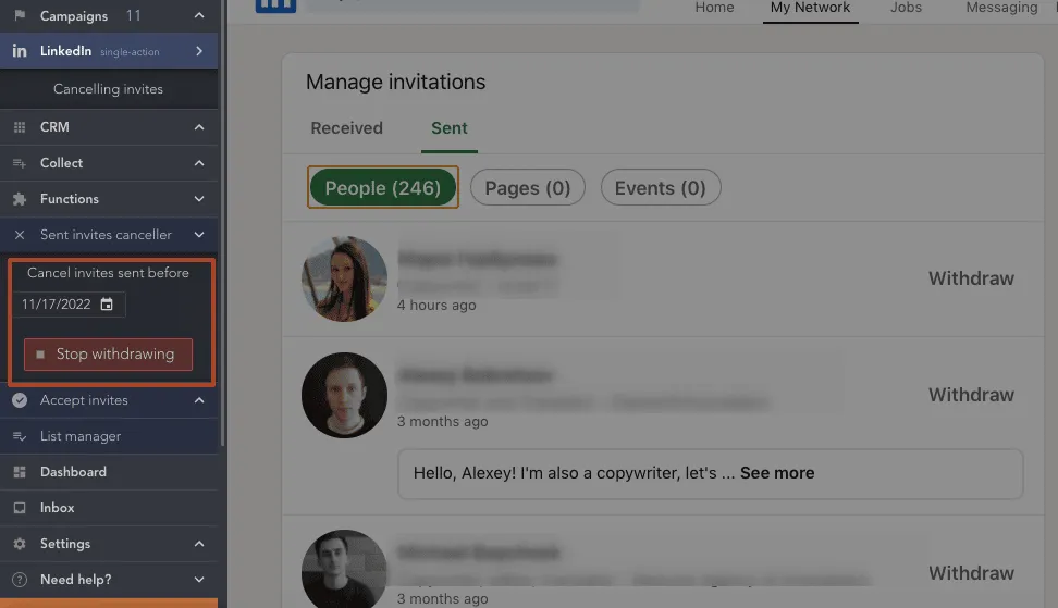 LinkedIn-Kontaktanfrage mit Linked Helper zurückziehen