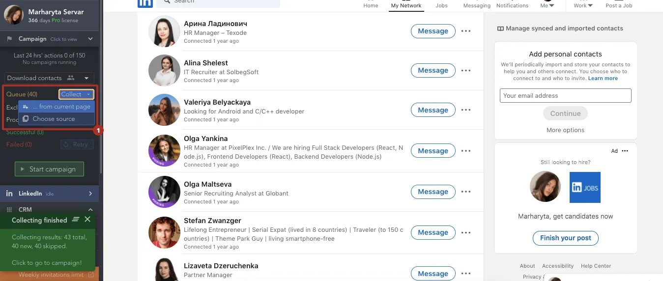 So exportieren Sie LinkedIn-Kontakte über die Seite „Ihr Netzwerk“ im Linked Helper-Dashboard
