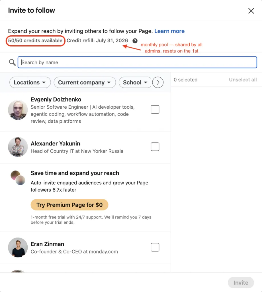 Einladungsguthaben für eine LinkedIn-Unternehmensseite