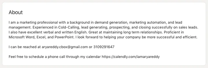 Secção «About» de um perfil de vendas no LinkedIn
