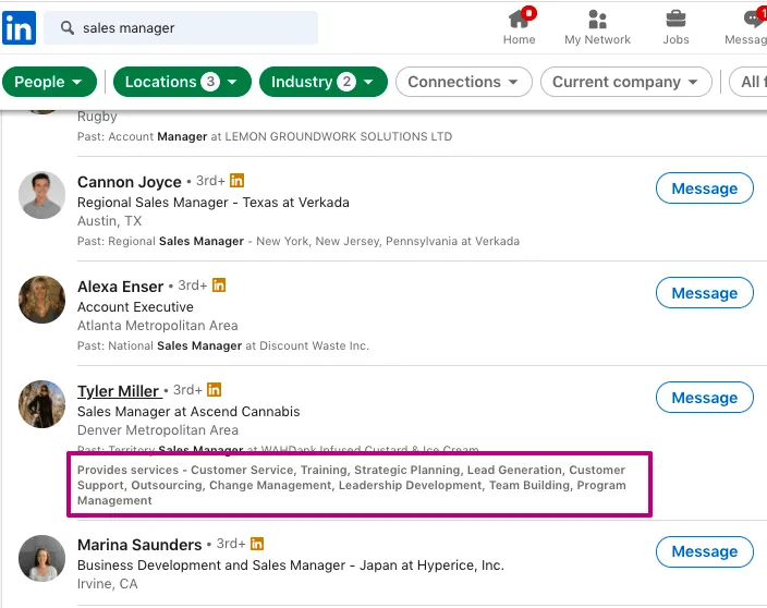 Secção de prestação de serviços de um perfil de vendas no LinkedIn