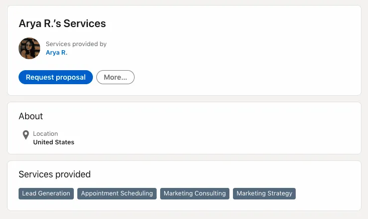 Secção de serviços prestados no perfil de um gestor de vendas no LinkedIn