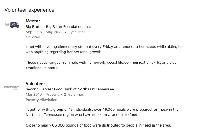 Experiência de voluntariado no perfil de um gestor de vendas no LinkedIn