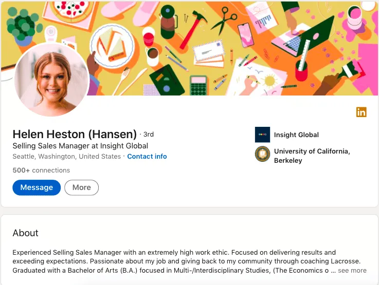 Perfil de um gestor de vendas no LinkedIn com imagem de capa e biografia