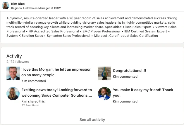 Secção de atividade num perfil de vendas no LinkedIn