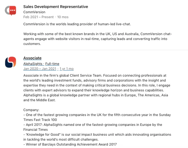 Secção «Experience» de um perfil de vendas no LinkedIn