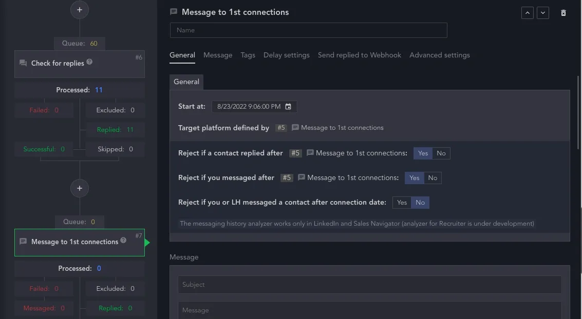 Captura de pantalla de un mensaje de Linked Helper para contactos de 1.er grado