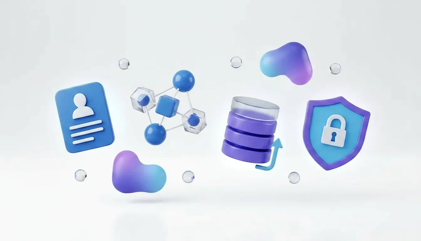Wordless 3D illustration of profile data flowing through a CRM database protected by a security shield