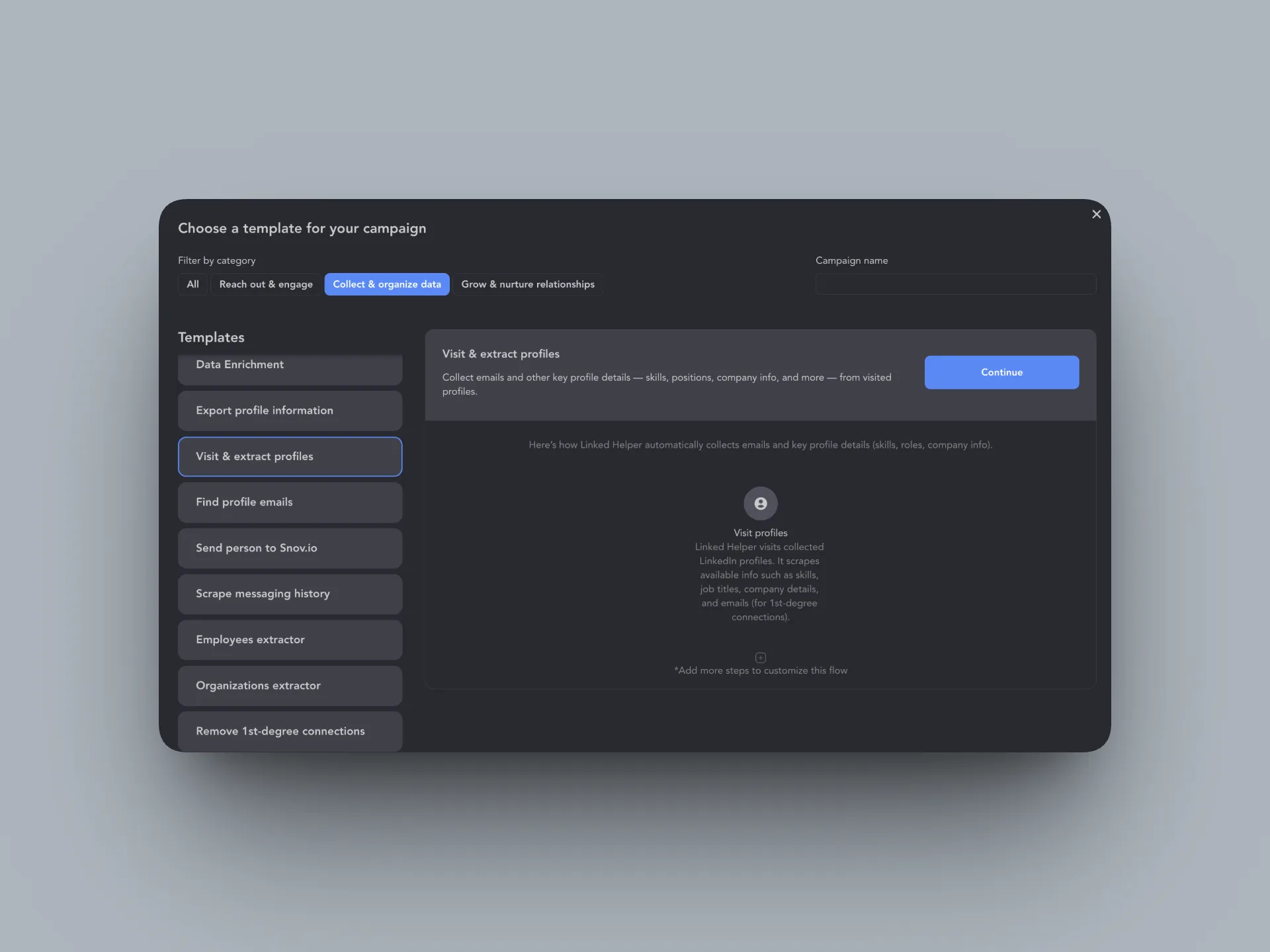 Selector de plantillas de campaña de Linked Helper con «Visit & Extract Profiles» seleccionado