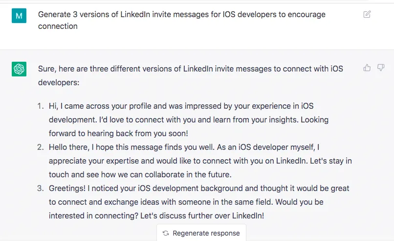 ChatGPT-AI-Modell erstellt drei Versionen einer LinkedIn-Nachricht