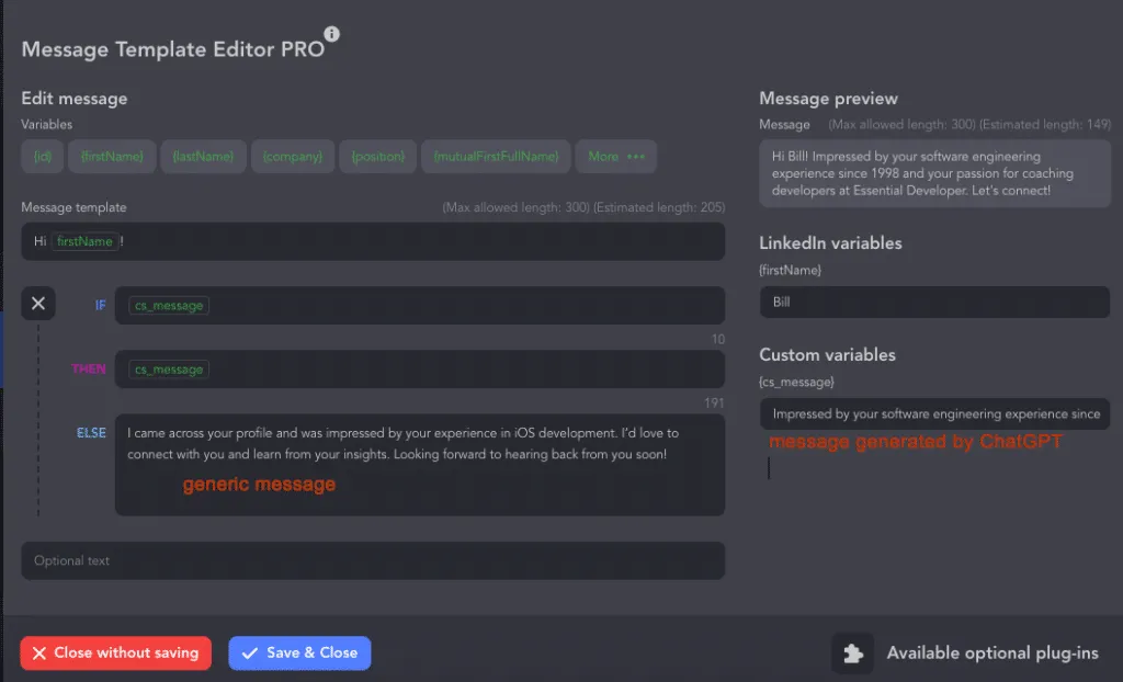 Mit ChatGPT erstellte Nachrichten zum Vorlageneditor in Linked Helper hinzufügen