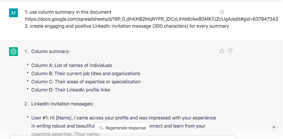 ChatGPT-Ergebnisse für anhand einer Zusammenfassung erstellte LinkedIn-Nachrichten
