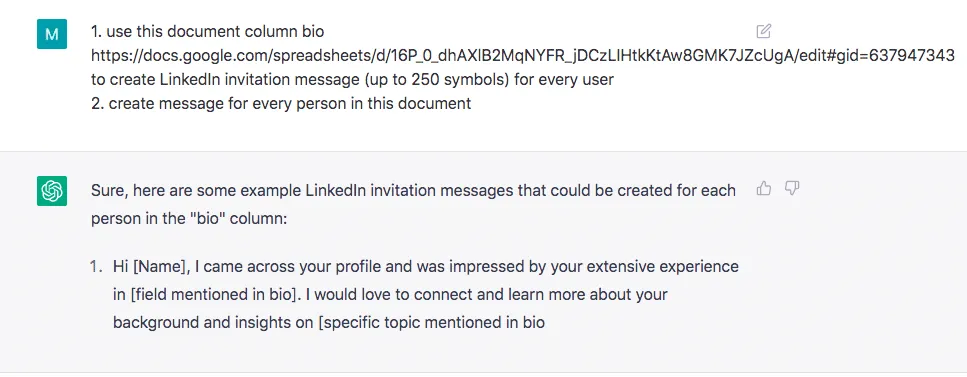 ChatGPT-Ergebnisse und Beispiel einer LinkedIn-Nachrichtenvorlage