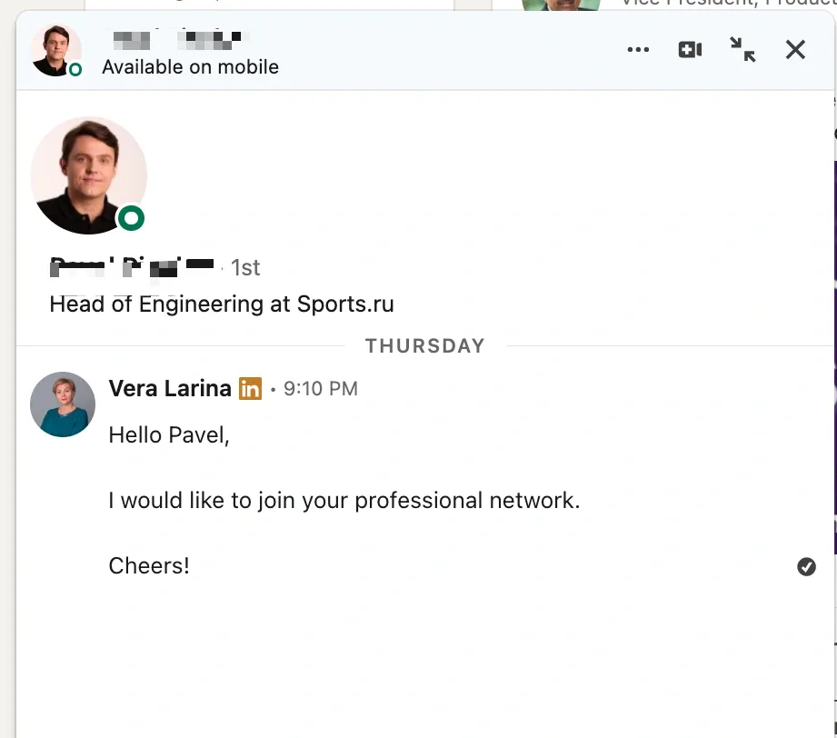 Captura de pantalla del indicador de estado activo de LinkedIn en un dispositivo móvil.