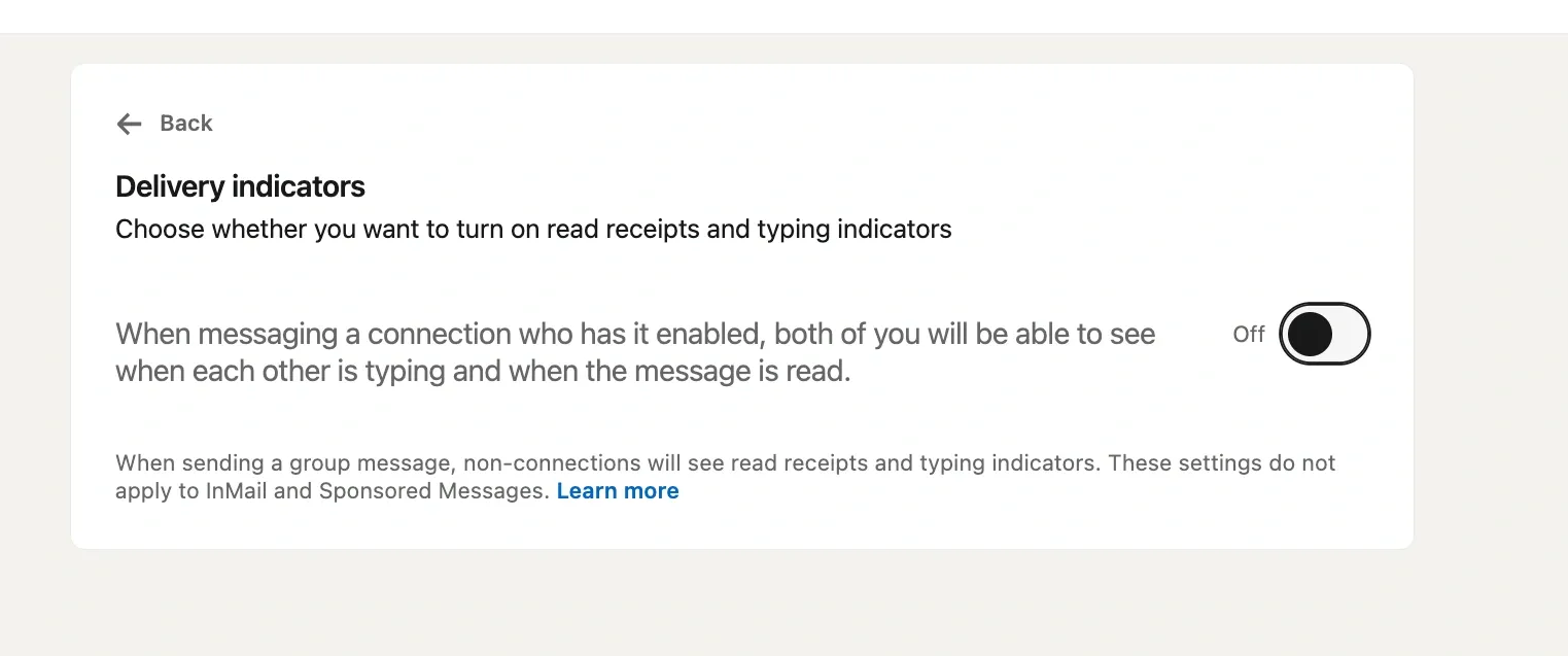 Cómo desactivar las confirmaciones de lectura de LinkedIn: captura de pantalla del interruptor