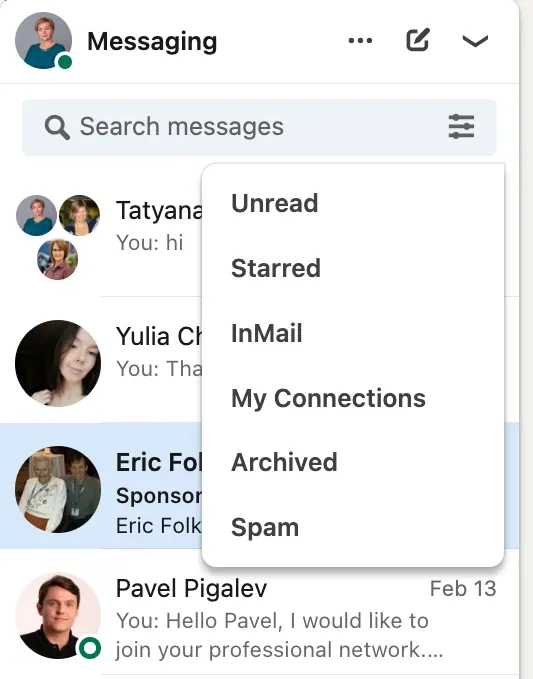 Captura de pantalla de la función de filtros de la bandeja de entrada de LinkedIn que muestra las opciones para ordenar los mensajes.