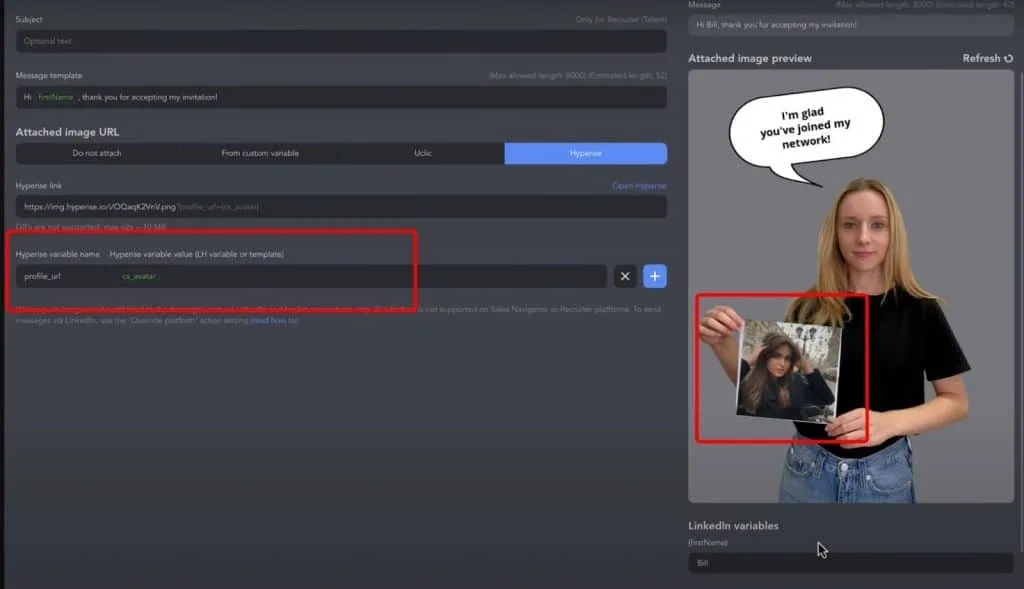Screenshot vom Erstellen eines individuellen Bildes in Linked Helper.