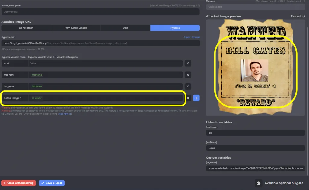 Screenshot vom Erstellen eines individuellen Bildes mit einem Profilbild in Linked Helper
