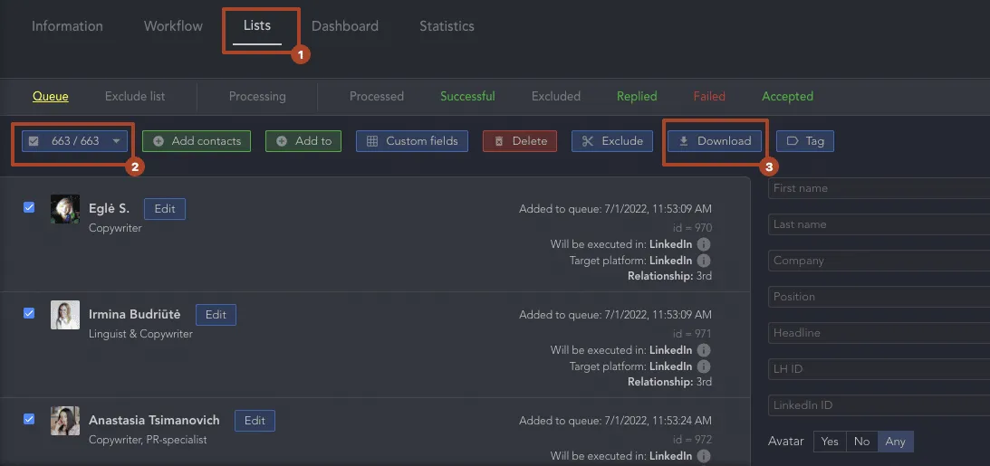 Lead-Liste im Linked Helper-Dashboard herunterladen