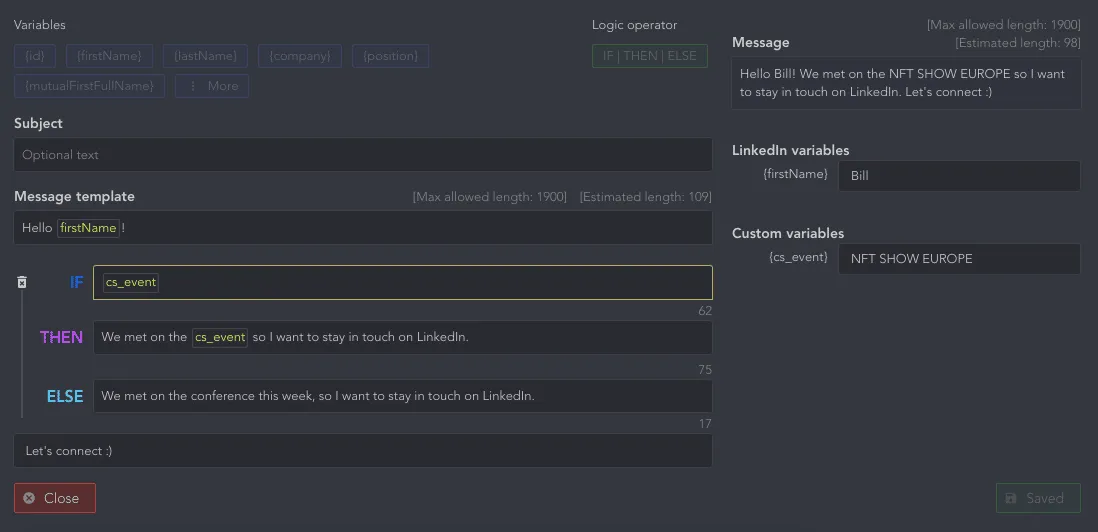 IF-THEN-ELSE-Zeilen im Linked Helper-Nachrichtenvorlageneditor