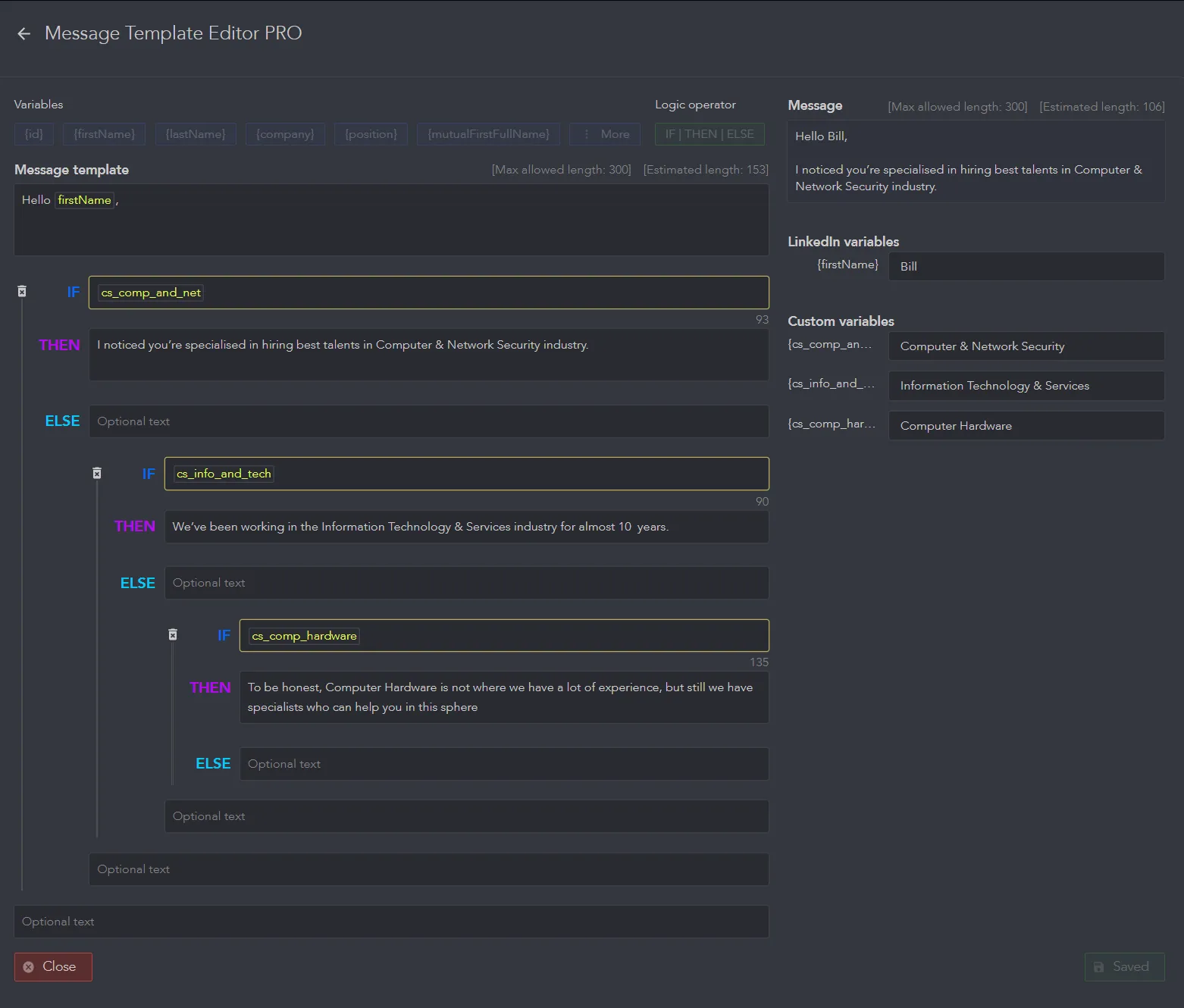 IF-THEN-ELSE-Beispiel in der Linked Helper-Software