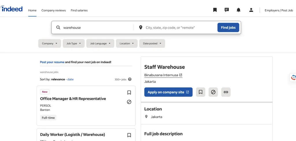 Suchleiste von Indeed beim Vergleich von Indeed und LinkedIn für die Jobsuche