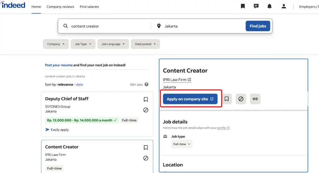 Bewerbungsschaltfläche von Indeed beim Vergleich von Indeed und LinkedIn für die Jobsuche