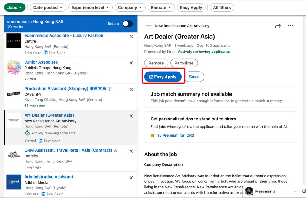 Easy Apply in der LinkedIn-Suchleiste beim Vergleich von Indeed und LinkedIn