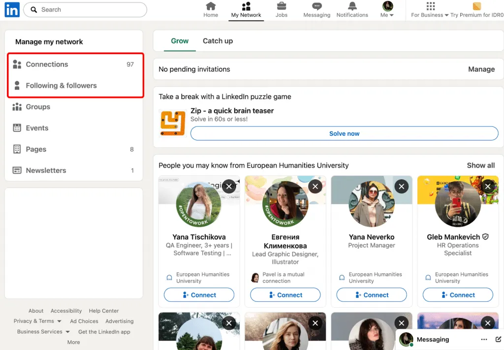 Bereich zur Verwaltung des LinkedIn-Netzwerks